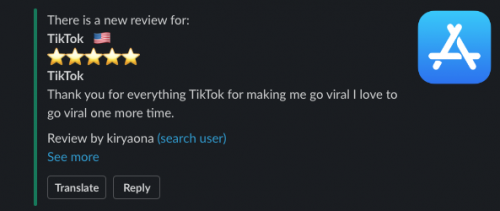 App Store reviews to Slack, example screenshot of an app review notification